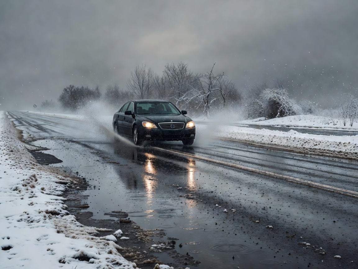 Car driving on a wet winter road