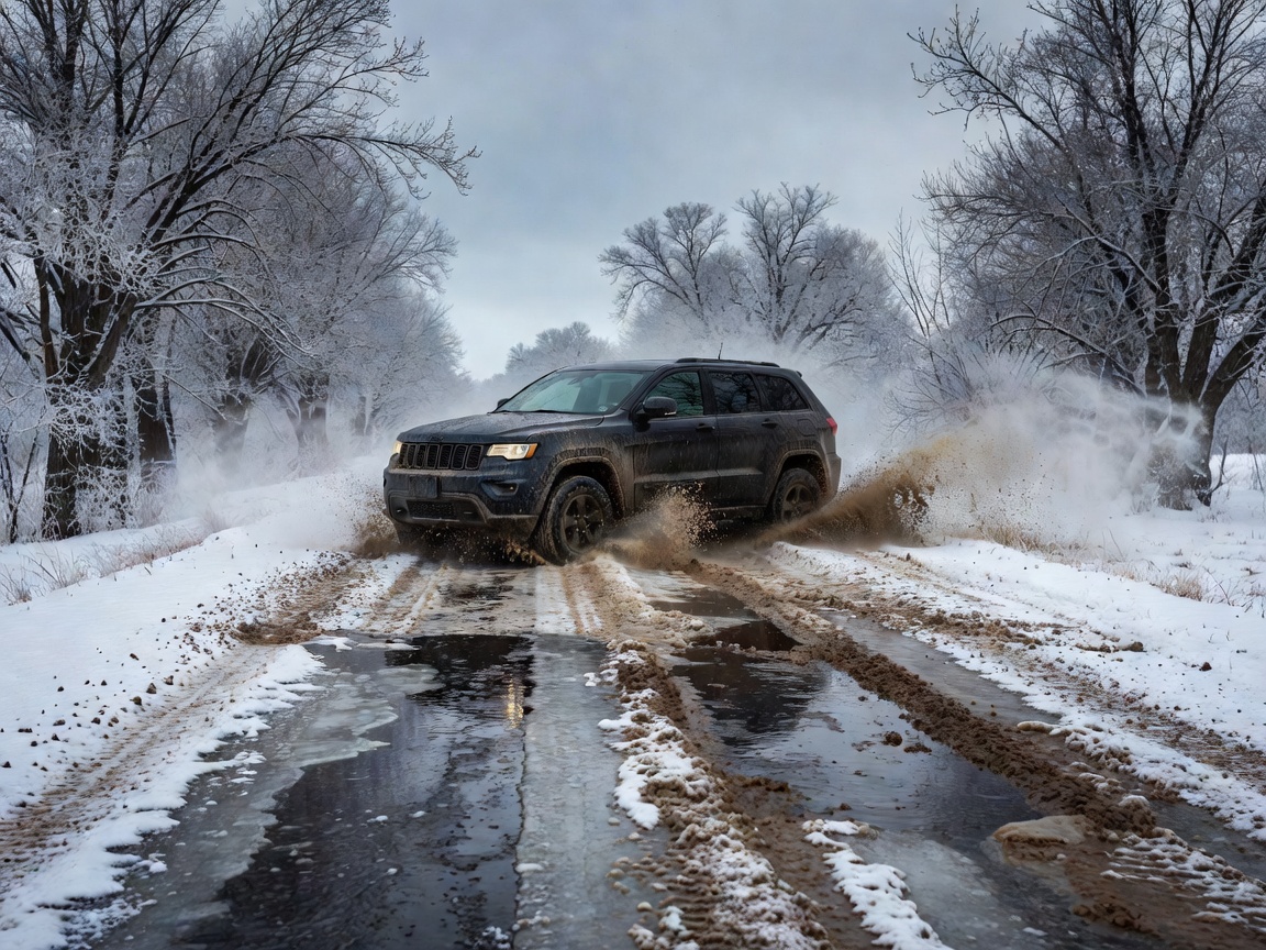 Car navigating through harsh seasonal road conditions