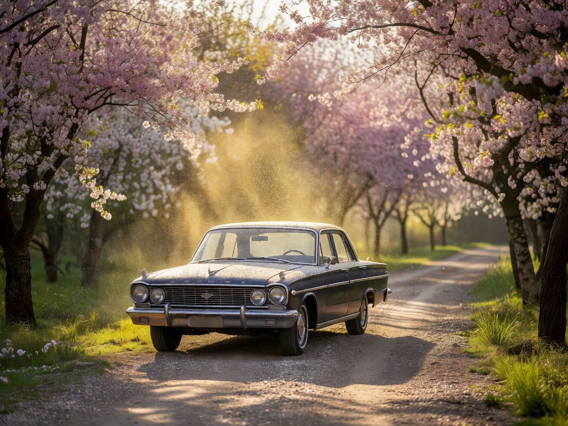 Car parked near spring trees and pollen