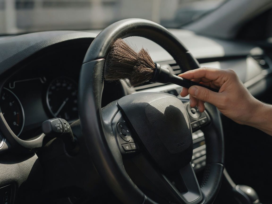 Detailing brush cleaning steering wheel and touch points