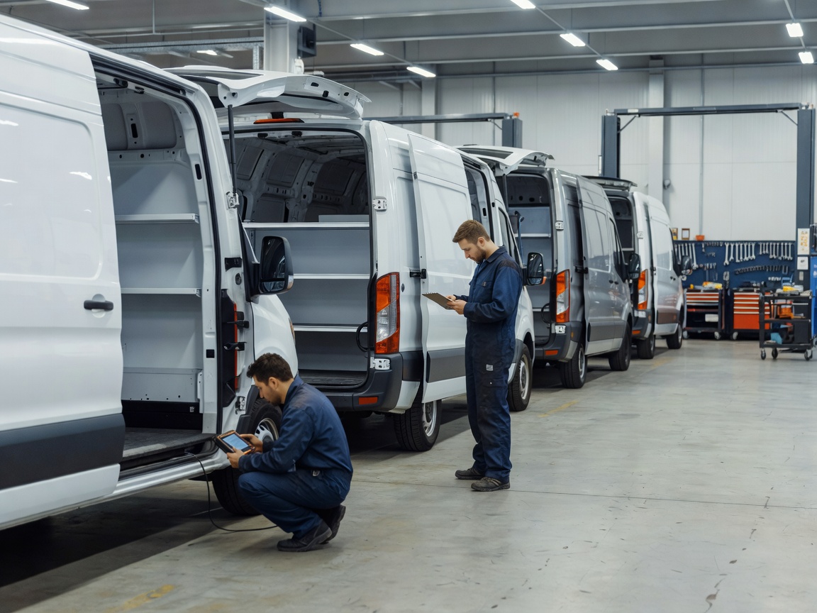 Fleet of commercial vans ready for regular maintenance