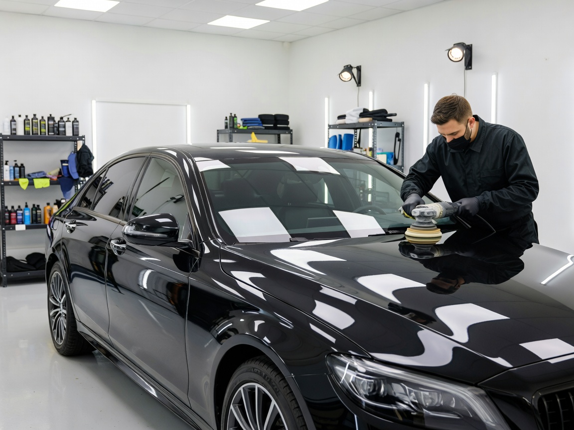 Professional vehicle detailing studio showing a high-gloss polished car