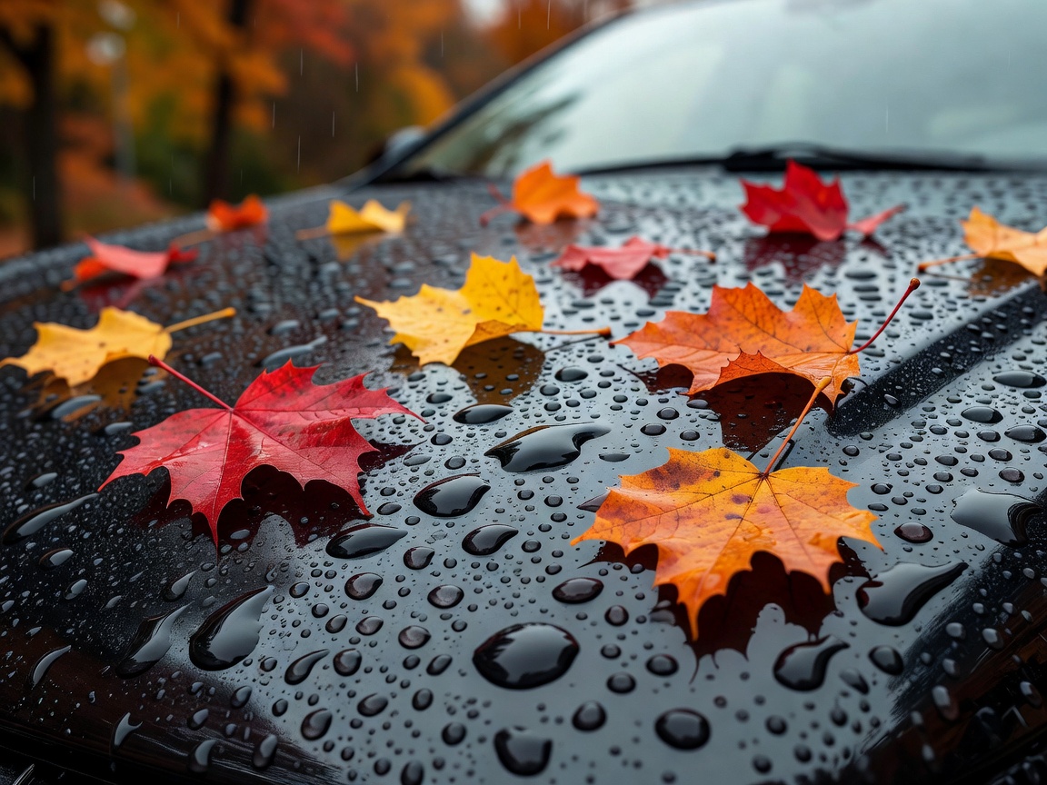 Rain drops on car paint with autumn leaves
