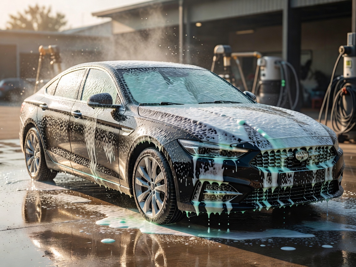 Thorough pre-wash foam applied to vehicle exterior