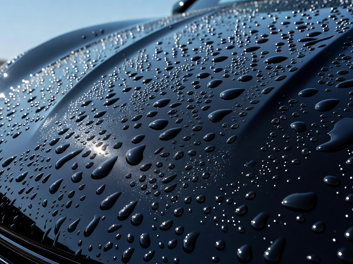 Water beading on a ceramic coated car hood